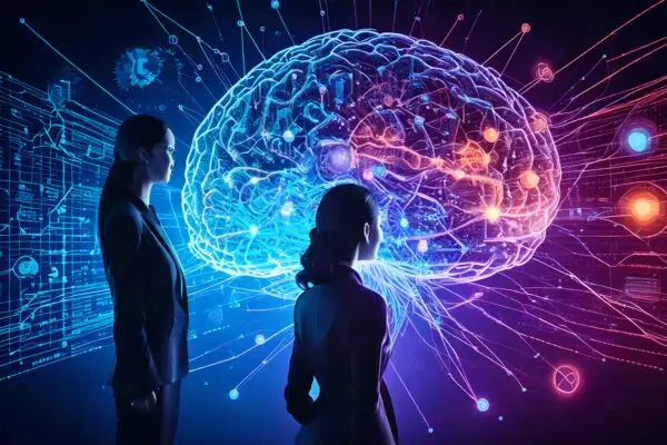 Futuristic AI brain glowing neon blue and purple, connected to a digital dashboard, with two professionals in suits observing, symbolizing an AI-powered Customer Data Platform for predictive marketing in 2025