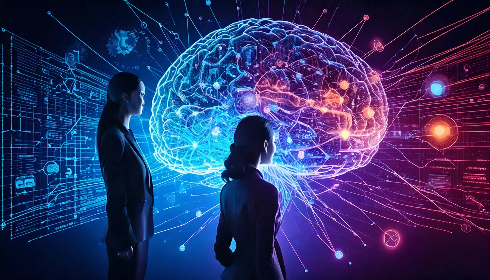 Futuristic AI brain glowing neon blue and purple, connected to a digital dashboard, with two professionals in suits observing, symbolizing an AI-powered Customer Data Platform for predictive marketing in 2025