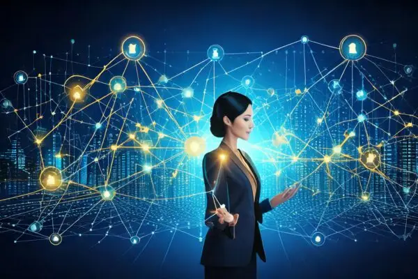 Businesswoman interacting with a digital network, symbolizing AI in customer acquisition and lead generation through advanced data-driven technologies and predictive analytics.