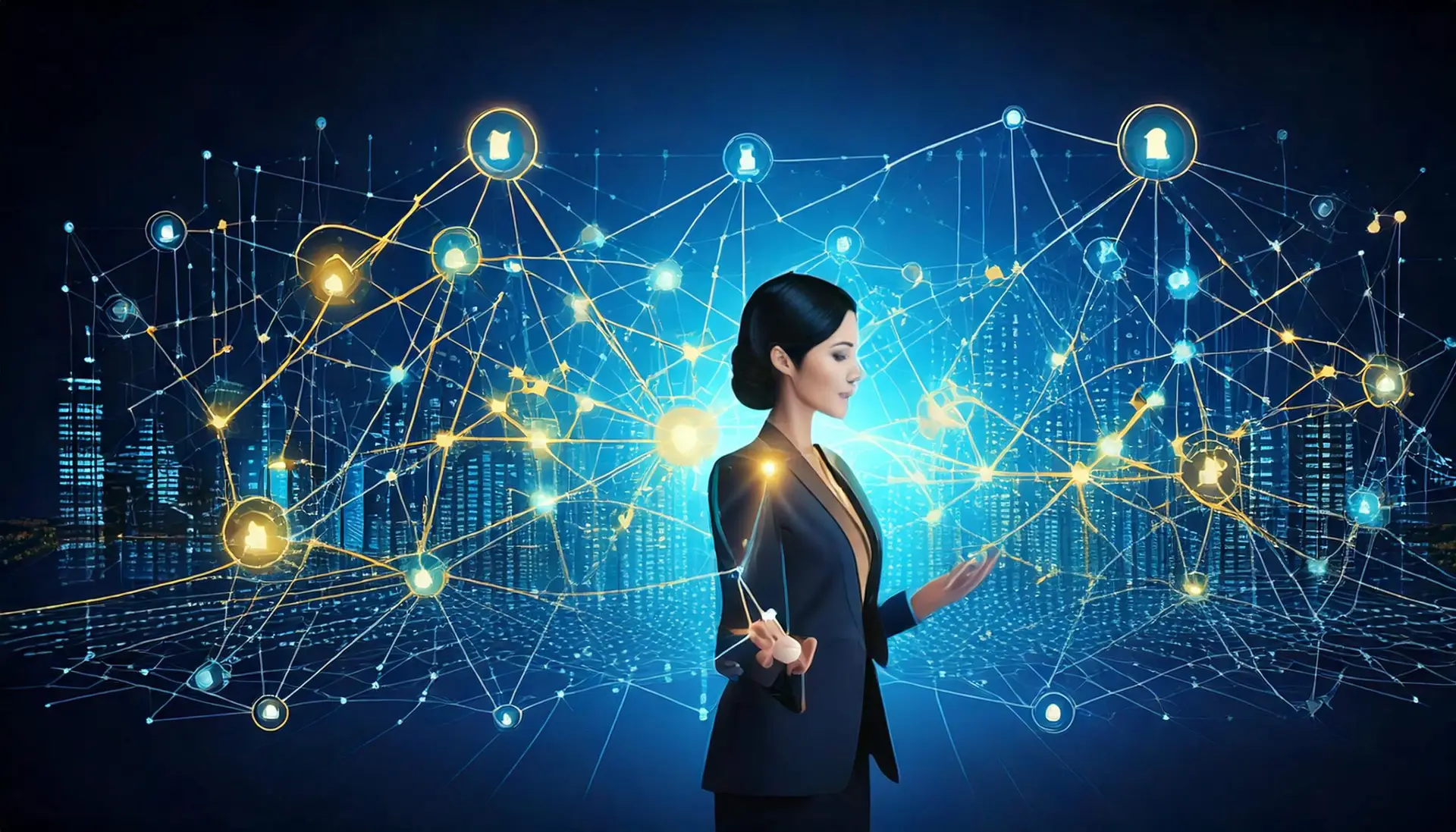 Businesswoman interacting with a digital network, symbolizing AI in customer acquisition and lead generation through advanced data-driven technologies and predictive analytics.