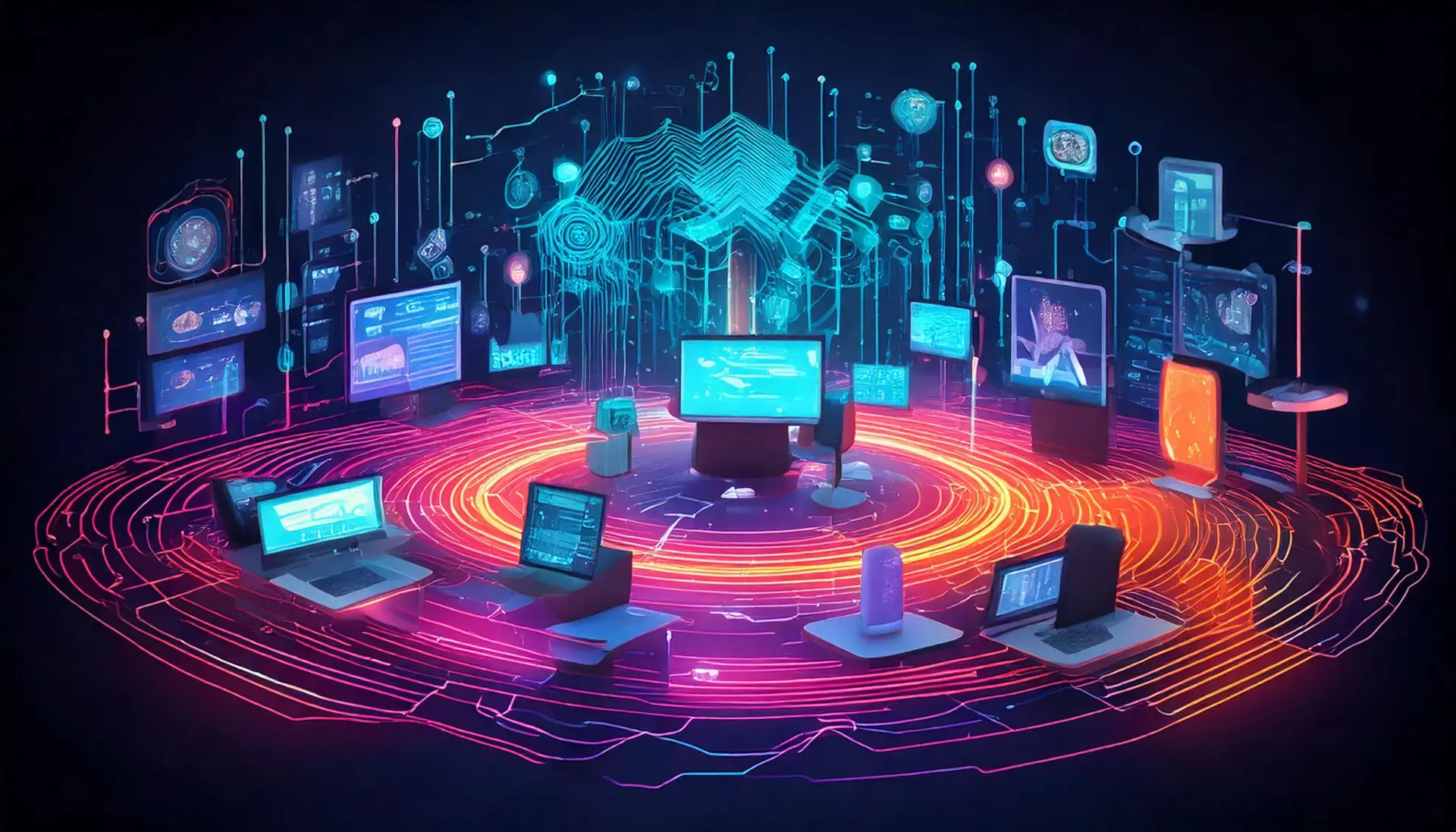 Futuristic multi-channel content management system network with interconnected devices like laptops, tablets, and screens, glowing neon lines on dark background