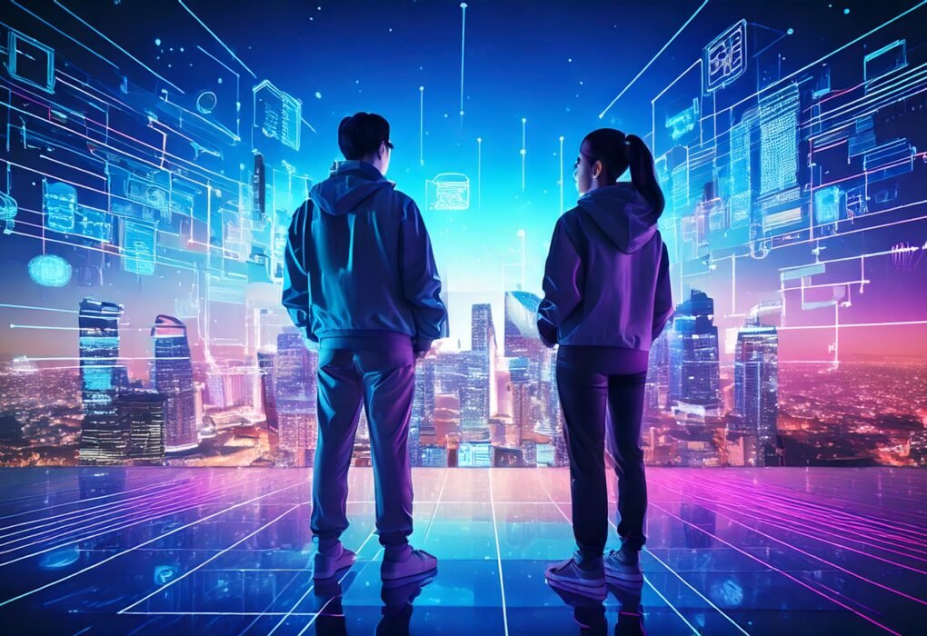 Two Gen Z individuals in futuristic city, surrounded by multi-channel CMS tech screens for 2025.