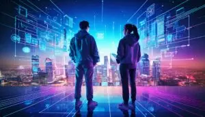 Two Gen Z individuals in futuristic city, surrounded by multi-channel CMS tech screens for 2025.