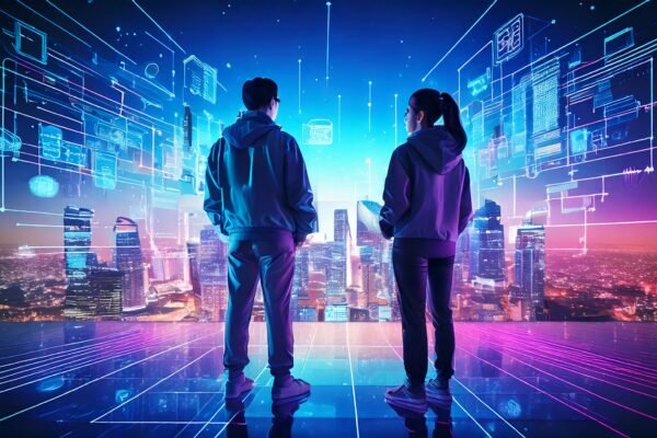 Two Gen Z individuals in futuristic city, surrounded by multi-channel CMS tech screens for 2025.