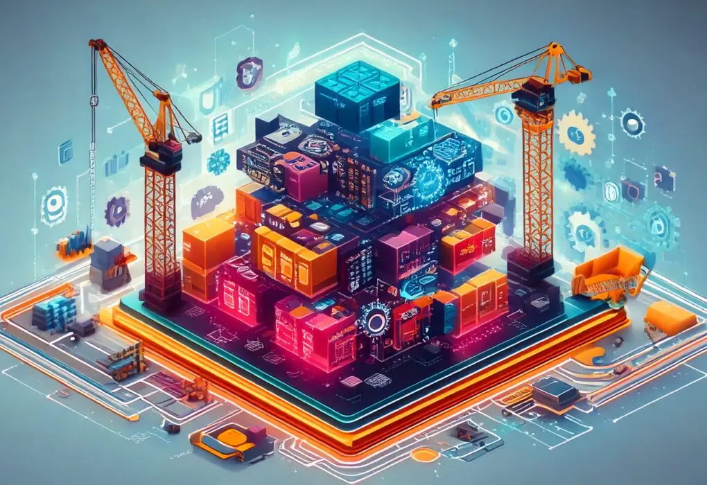 Colorful futuristic illustration of a MarTech stack, showing cranes building a custom tech structure with digital blocks, gears, and icons, representing the build, buy, or blend options for choosing a MarTech stack.