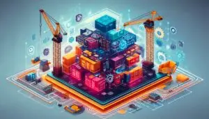 Colorful futuristic illustration of a MarTech stack, showing cranes building a custom tech structure with digital blocks, gears, and icons, representing the build, buy, or blend options for choosing a MarTech stack.