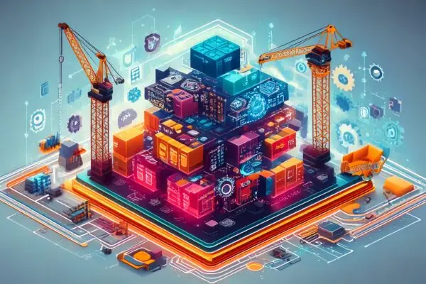 Colorful futuristic illustration of a MarTech stack, showing cranes building a custom tech structure with digital blocks, gears, and icons, representing the build, buy, or blend options for choosing a MarTech stack.