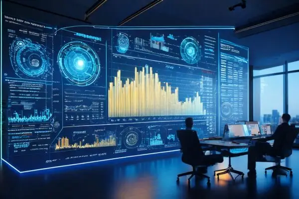 Two marketers analyzing Personalization ROI on a holographic dashboard with Marketing Metrics in a high-tech office, using MarTech Analytics for ROI Tracking in 2025.