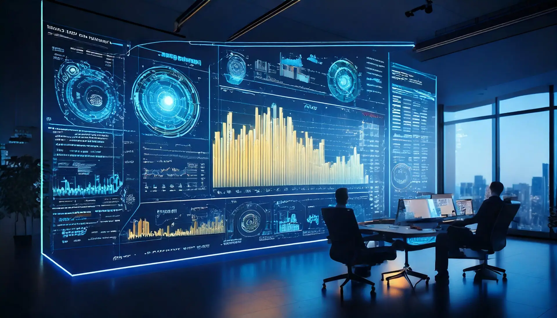 Two marketers analyzing Personalization ROI on a holographic dashboard with Marketing Metrics in a high-tech office, using MarTech Analytics for ROI Tracking in 2025.