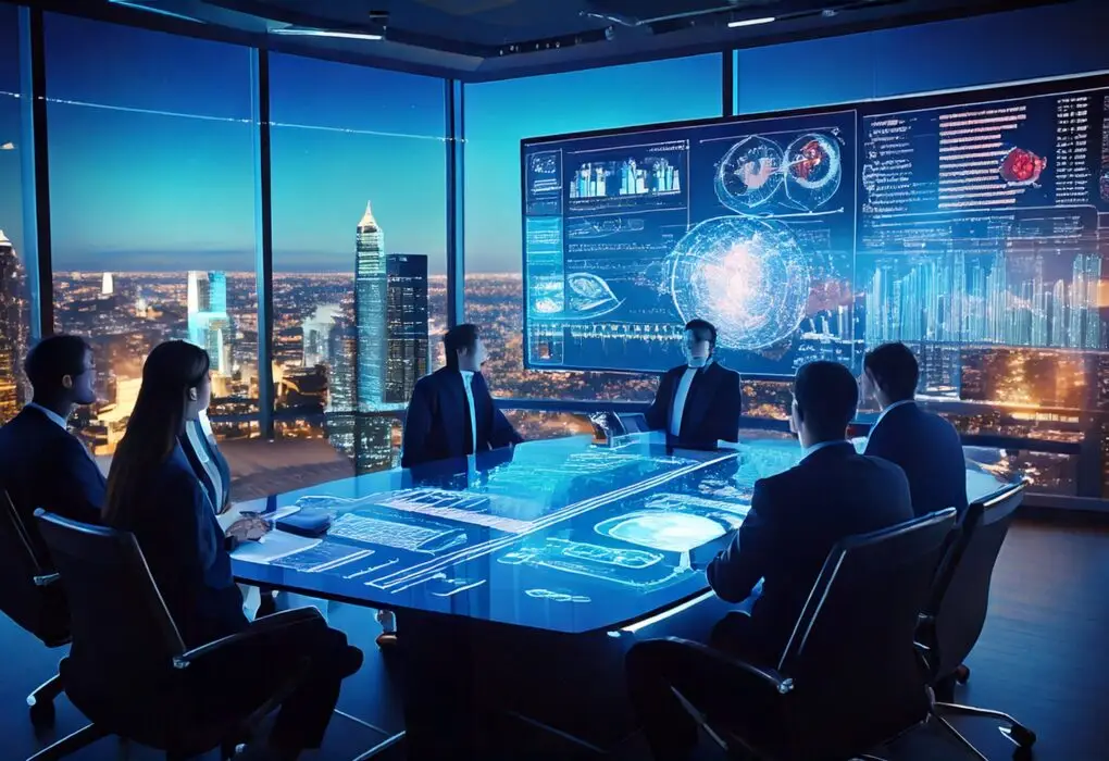 C-suite leaders in a futuristic boardroom analyzing the ROI of a modern CMS on a holographic dashboard in 2025