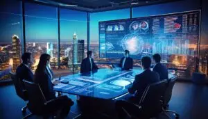 C-suite leaders in a futuristic boardroom analyzing the ROI of a modern CMS on a holographic dashboard in 2025