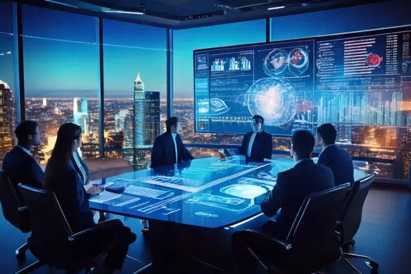 C-suite leaders in a futuristic boardroom analyzing the ROI of a modern CMS on a holographic dashboard in 2025